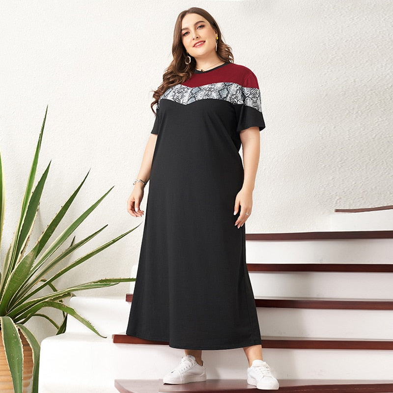 Dresses Woman Summer 2021 Plus Size Sports Snake Pattern Black Red Patchwork Stretchable Loose Casual Short Sleeve Maxi Dress