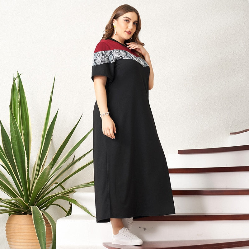 Dresses Woman Summer 2021 Plus Size Sports Snake Pattern Black Red Patchwork Stretchable Loose Casual Short Sleeve Maxi Dress