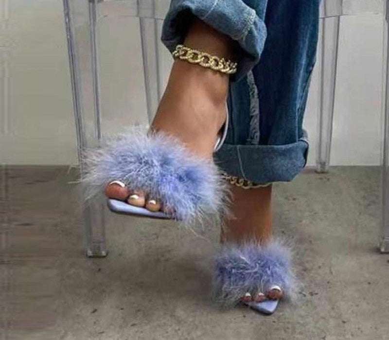 Chain Decor Open Toe Feather High Heels