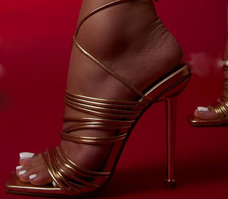 Lace-Up Open Toe Gladiator Thin Gold Heels