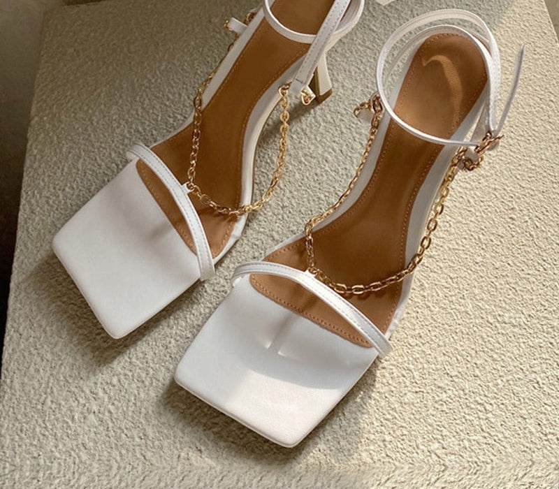 Square Toe Heeled Ankle Strap Sandals