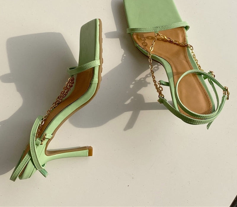Square Toe Heeled Ankle Strap Sandals