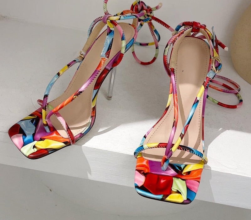 Multicolor Snakeskin Printed Ankle Strap High Heels Sandals