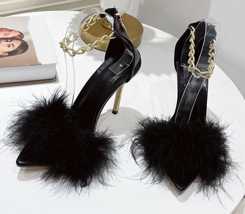 Chain Decor Open Toe Feather High Heels