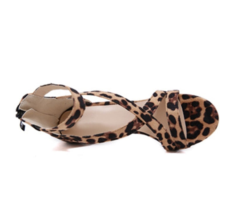 Leopard Print Open Toe High Heels Zip Closure