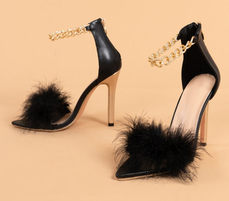 Back Strap Square Toe Feather High Heels