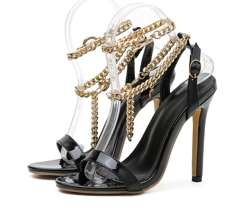Chain Decor Ankle Strap Open Toe High Heels