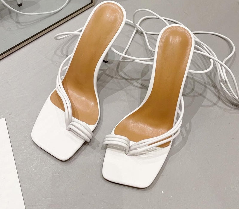 Lace-Up Strappy Square Toe High Heels