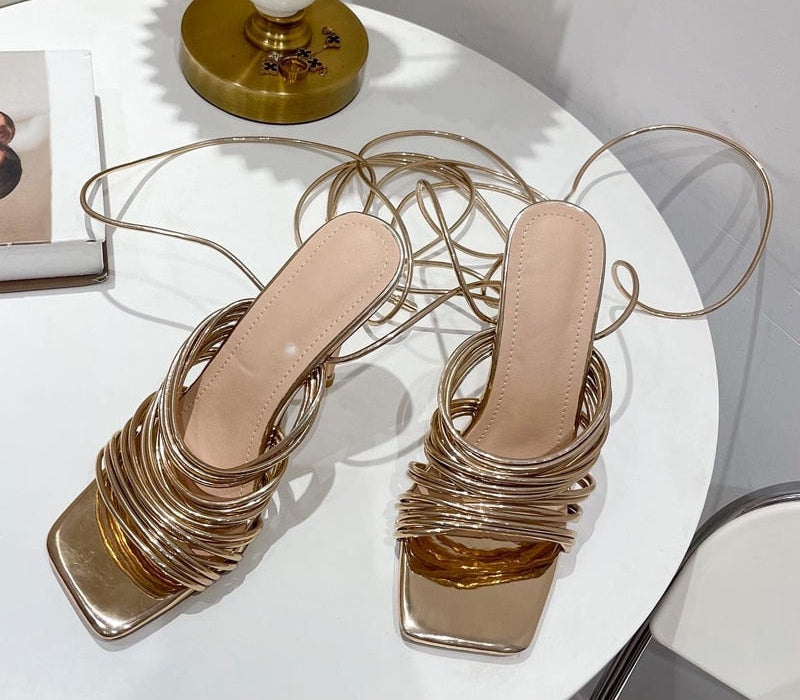 Lace-Up Open Toe Gladiator Thin Gold Heels