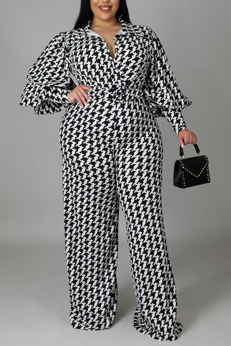 Plus Size HoundsTooth Casual Puff Sleeves Wide Leg Jumpsuits