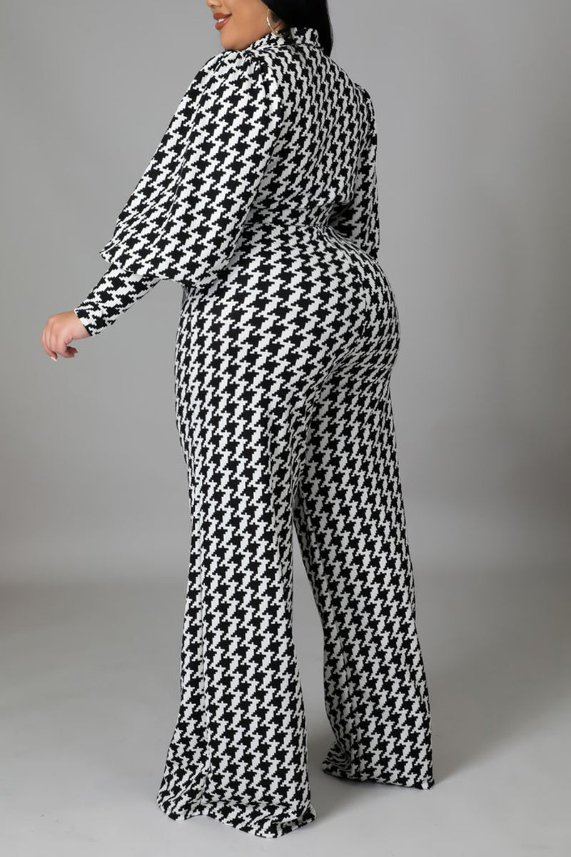 Plus Size HoundsTooth Casual Puff Sleeves Wide Leg Jumpsuits