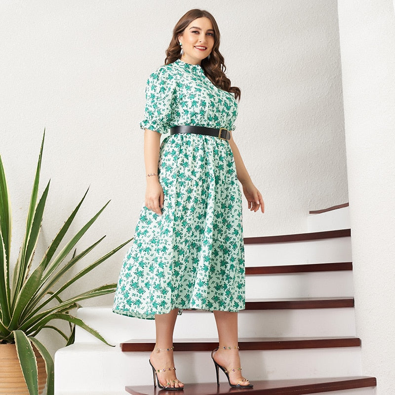 MAI&FUN Summer Women Midi Dress Plus Size Casual Holiday Green Floral Print Latern Short Sleeve Belt Buttons White Sweet Dresses