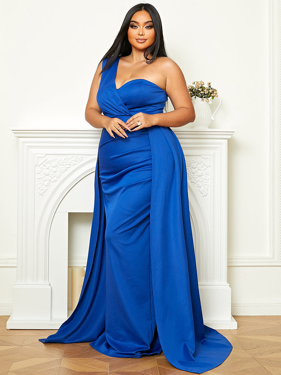 One Shoulder A-Line Draped Knit Maxi Prom Dress PXH1951