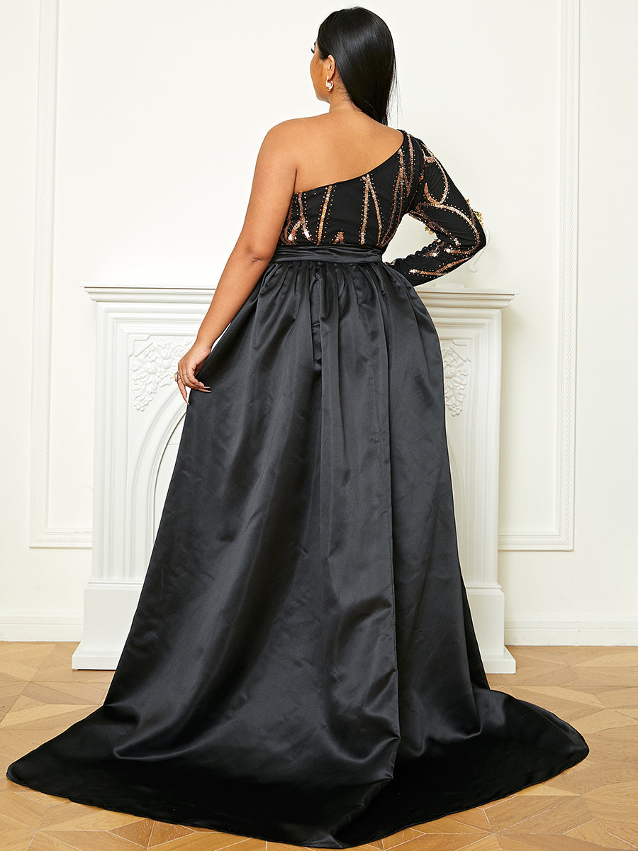 One Shoulder Backless Draped Sequin Maxi Prom Dress PXH2172