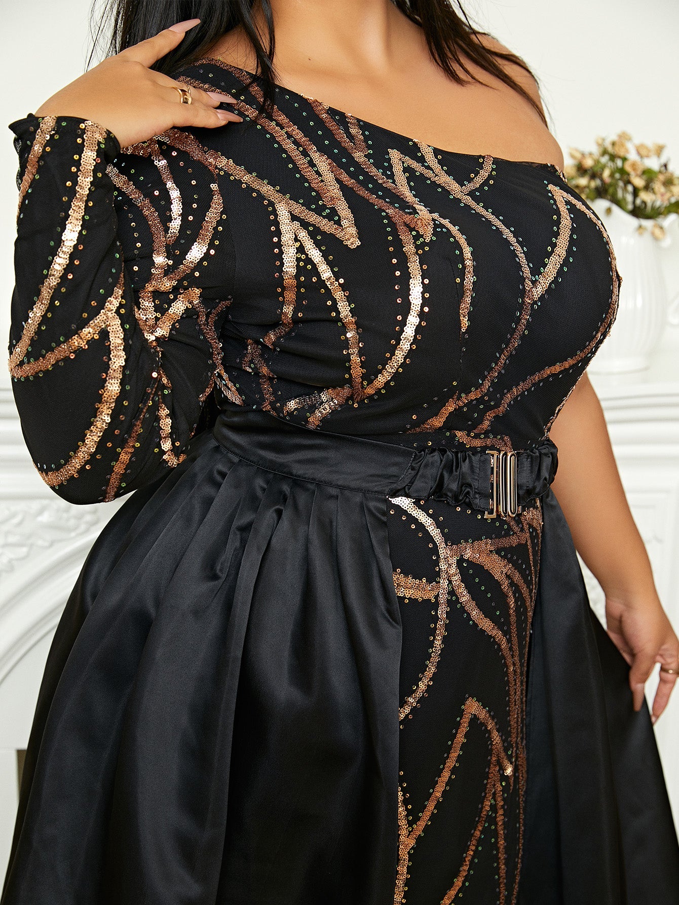 One Shoulder Backless Draped Sequin Maxi Prom Dress PXH2172