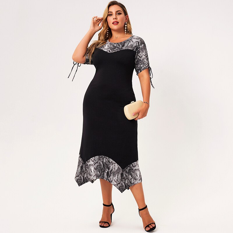 New Summer Dress Women 2021 Plus Size Black O-neck Short Bandage Sleeves Splicing Printing A-line Irregular Loose Casual Dresses