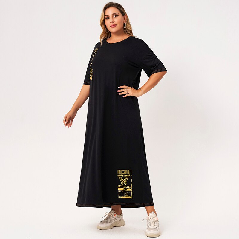 New Summer Dress Women 2021 Plus Size Black O-neck Short Sleeve Loose Golden Letter Pattern Printing Casual College Long Dresses