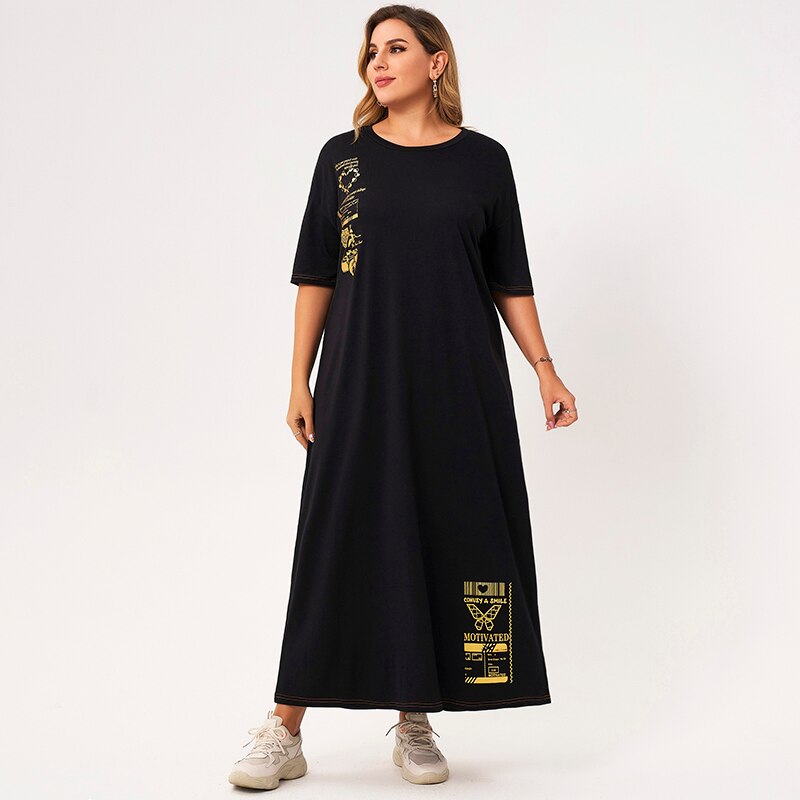 New Summer Dress Women 2021 Plus Size Black O-neck Short Sleeve Loose Golden Letter Pattern Printing Casual College Long Dresses