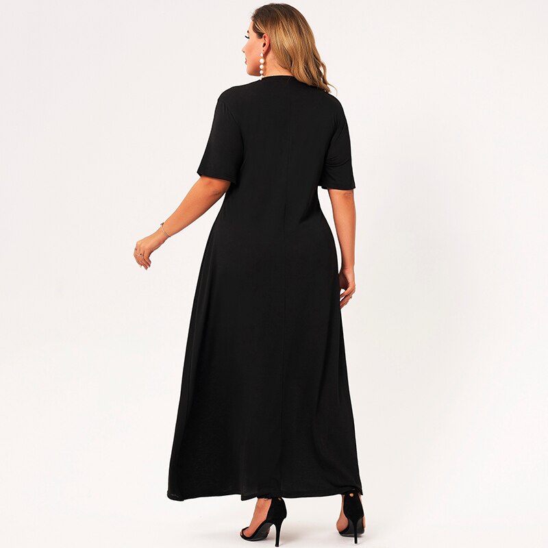 New Summer Dress Women 2021 Plus Size Black Solid Color Short Sleeve 3d Floral O-neck Loose Casual Holiday Maxi Party Dress Robe