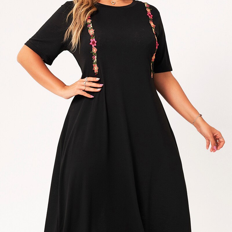 New Summer Dress Women 2021 Plus Size Black Solid Color Short Sleeve 3d Floral O-neck Loose Casual Holiday Maxi Party Dress Robe