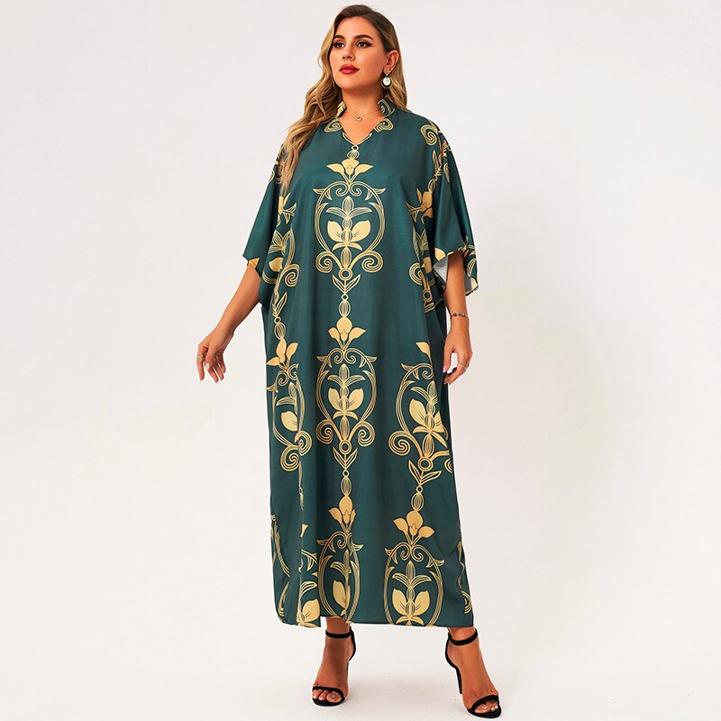 New Summer Dress Women 2021 Plus Size Green V-neck Bat Half Sleeve Vintage Golden Vine Floral Printing Loose Casual Maxi Dresses
