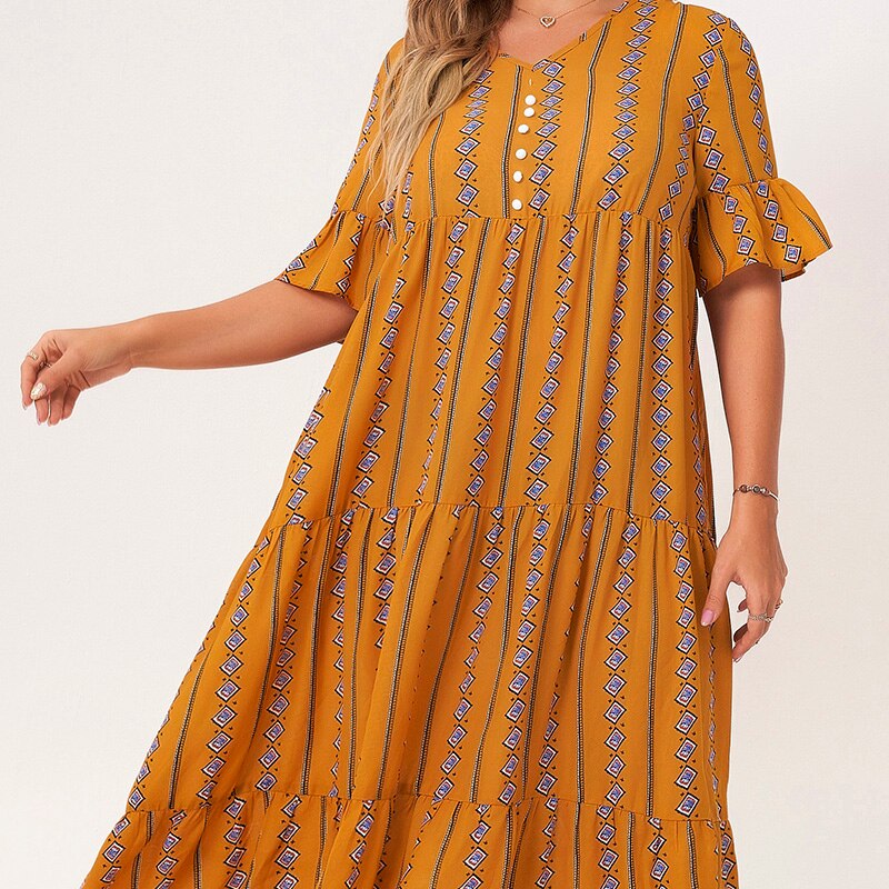 New Summer Dress Women 2021 Plus Size Yellow Geometry V-neck Half Flared Sleeves Button A-line Loose Bohemian Style Maxi Dresses
