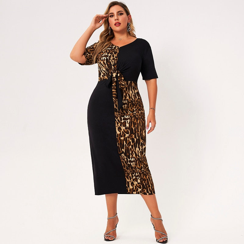 New Summer Long Dress Women 2021 Plus Size Black V-neck Short Sleeves Splicing Leopard Printing A-line Loose Casual Maxi Dresses