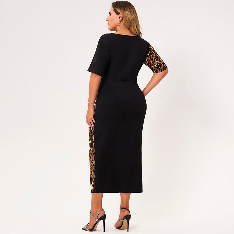 New Summer Long Dress Women 2021 Plus Size Black V-neck Short Sleeves Splicing Leopard Printing A-line Loose Casual Maxi Dresses
