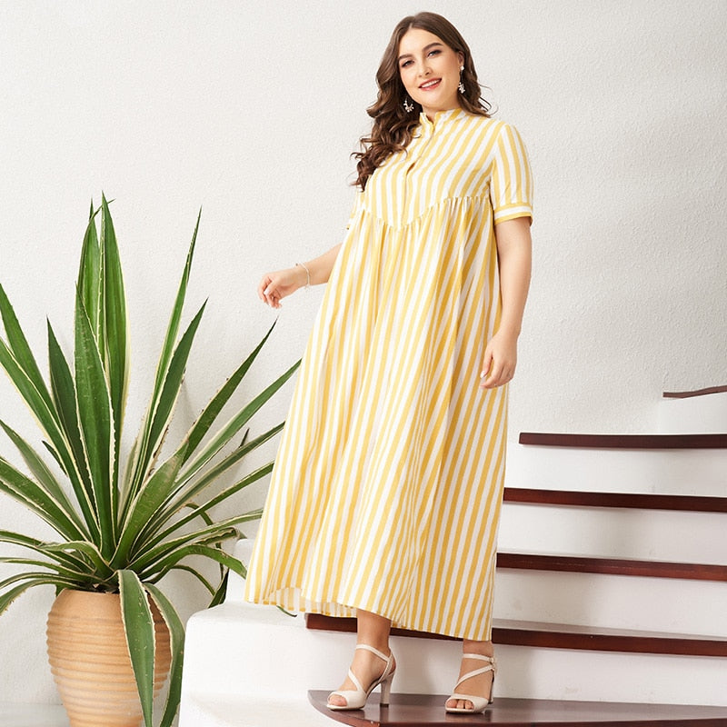 New Summer Long Dress Women Plus Size Yellow White Striped Button Short-sleeve Pleated Stand Collar Casual Loose Maxi Dresses
