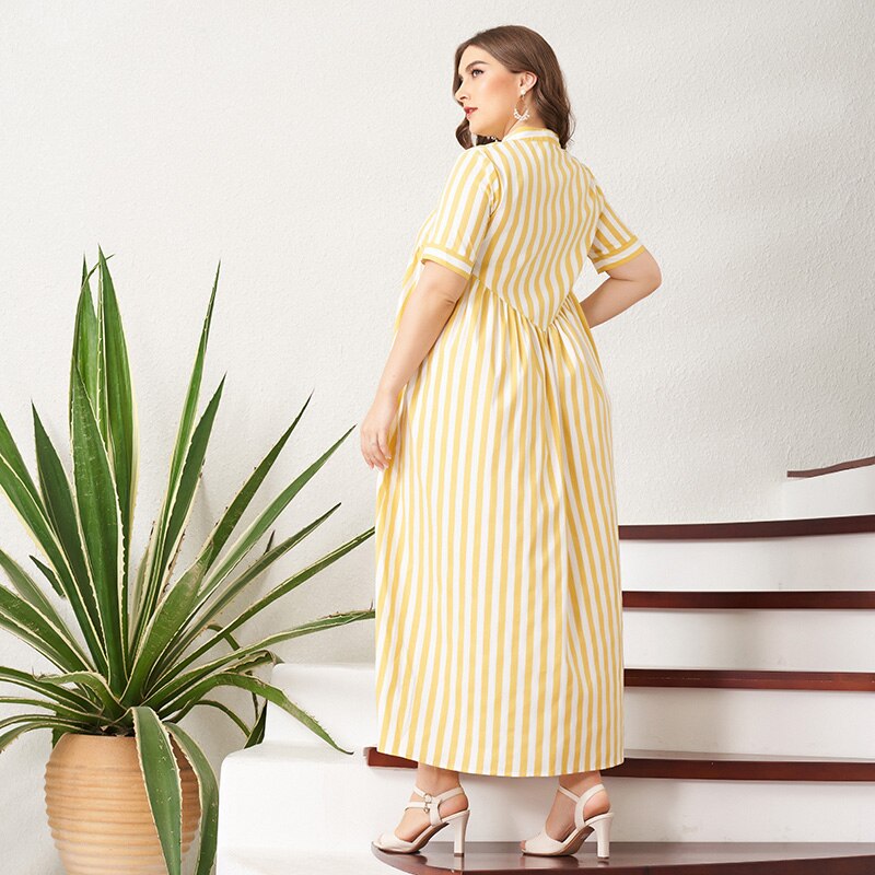 New Summer Long Dress Women Plus Size Yellow White Striped Button Short-sleeve Pleated Stand Collar Casual Loose Maxi Dresses