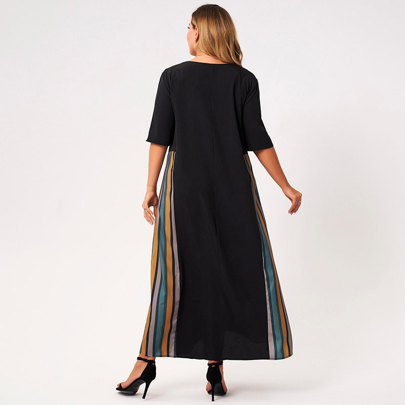 New Summer Maxi Dress Women Plus Size 2021 Black Colorful Vertical Stripe Patchwork V-neck Half Sleeve Loose Large Casual Robes