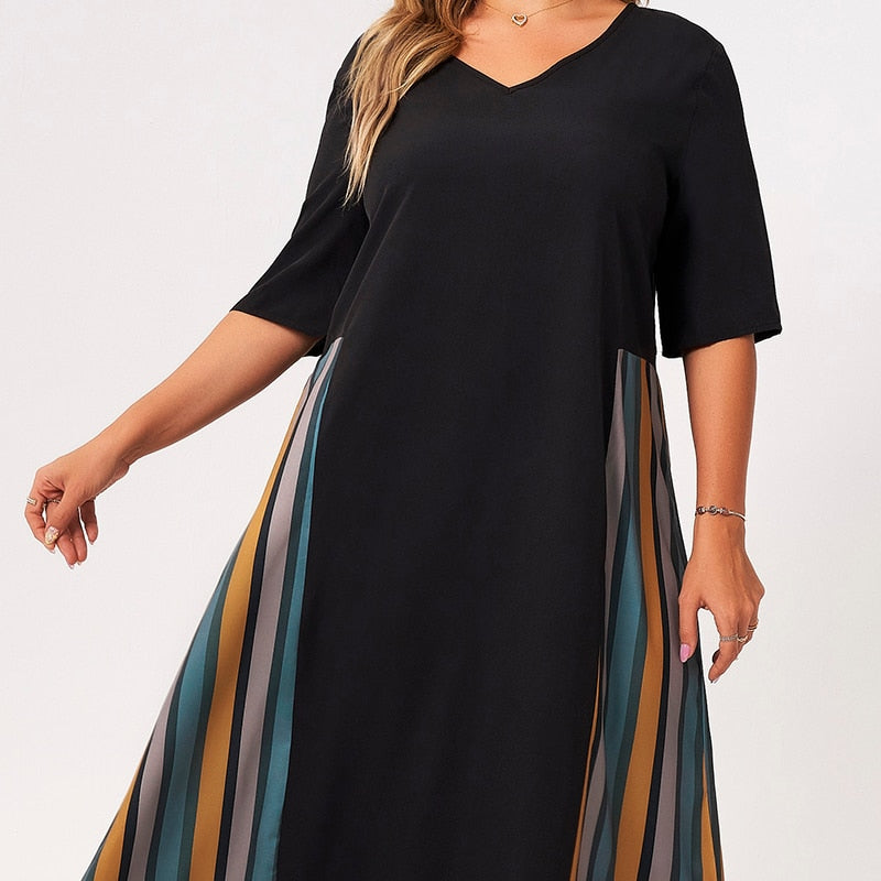 New Summer Maxi Dress Women Plus Size 2021 Black Colorful Vertical Stripe Patchwork V-neck Half Sleeve Loose Large Casual Robes
