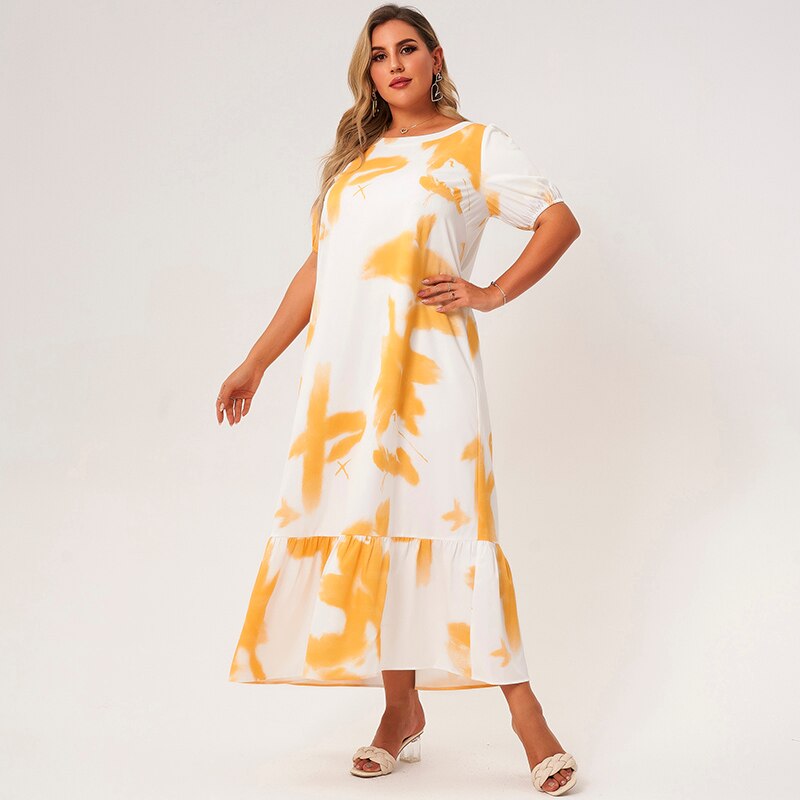 New Summer Maxi Dress Women Plus Size 2021 White Yellow Tie Dye Ruffle Hem Patchwork Lantern Short Sleeve Art Loose Casual Robes