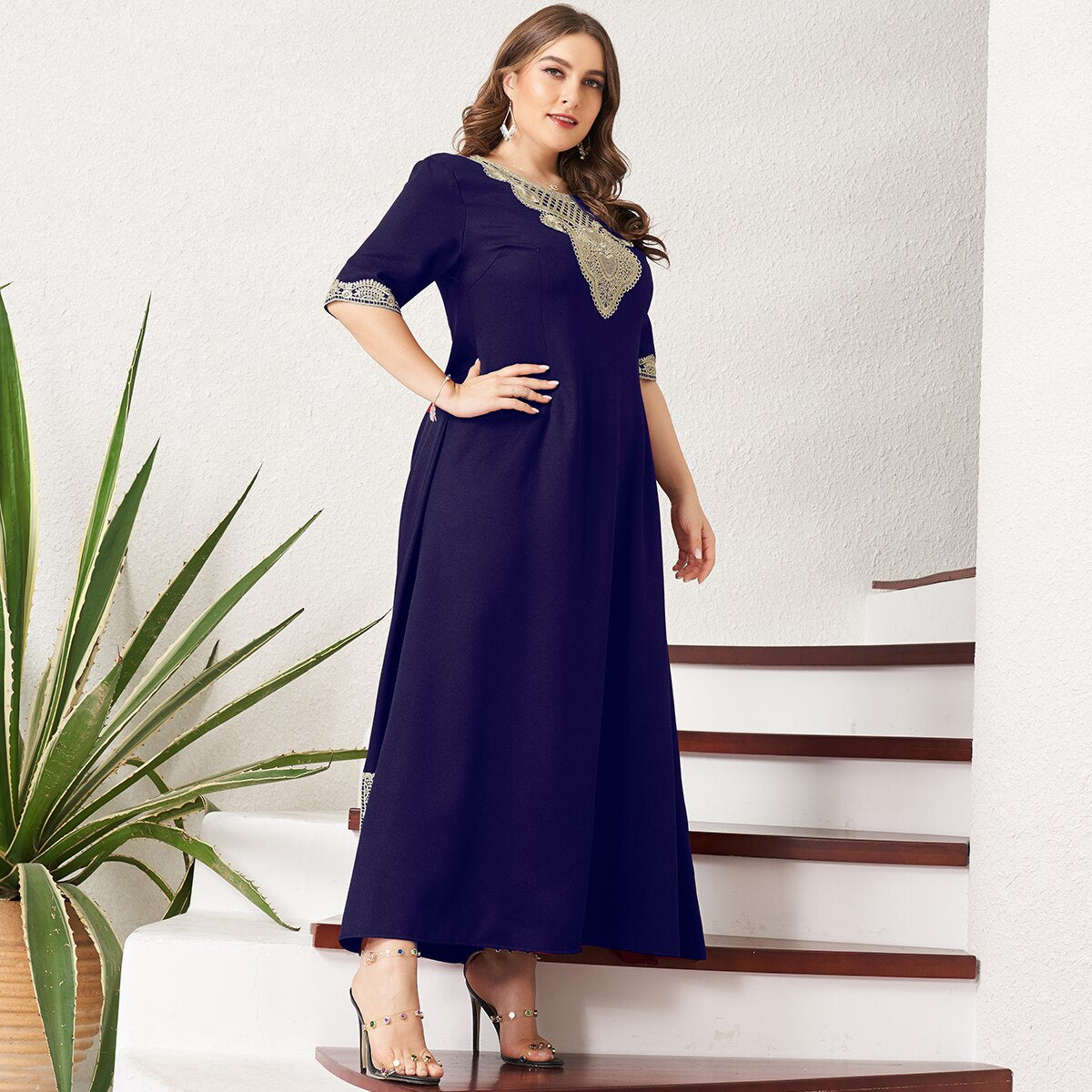 New Summer Maxi Dress Women Plus Size Vintage Lace Patchwork Split Hem Navy Blue Half Sleeve Party Prom Long Suelto Dresses
