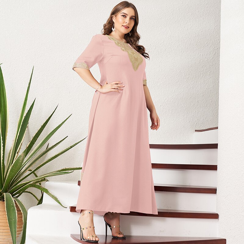 New Summer Maxi Dress Women Plus Size Vintage Lace Patchwork Split Hem Solid Pink Half Sleeve Party Prom Long Suelto Dresses