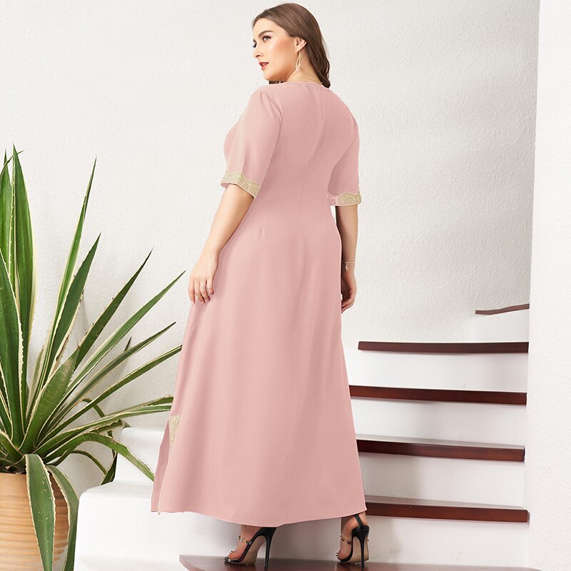 New Summer Maxi Dress Women Plus Size Vintage Lace Patchwork Split Hem Solid Pink Half Sleeve Party Prom Long Suelto Dresses