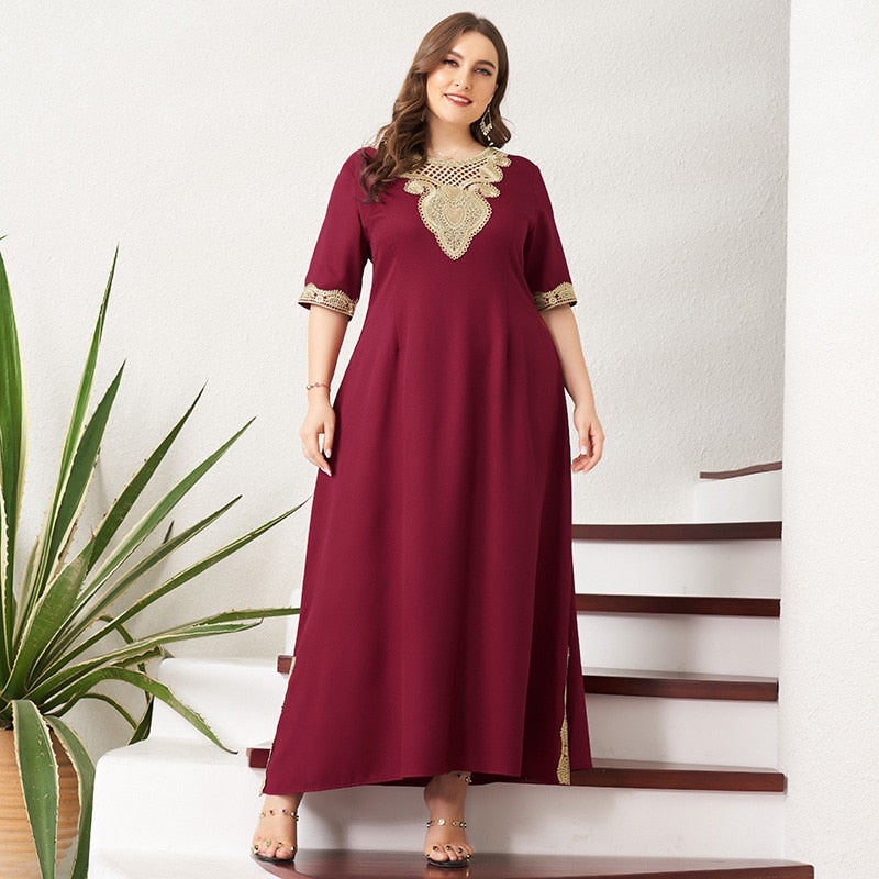 New Summer Maxi Dress Women Plus Size Vintage Lace Patchwork Split Hem Solid Wine Red Half Sleeve Party Prom Long Suelto Dresses