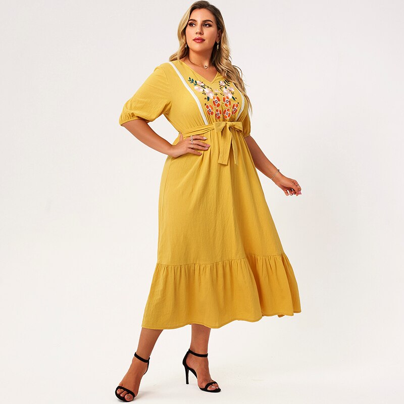 New Summer Midi Dress Women 2021 Plus Size Yellow Loose Floral Embroidery Sashes Ruffle Hem Lantern Half Sleeve Elegant Robe