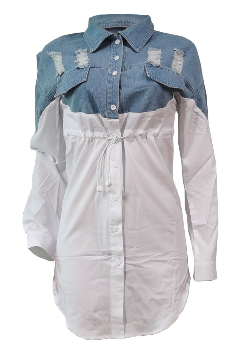 Plus Size Plain Mini Dress Solid Split Joint Turndown Collar Shirt Blouse