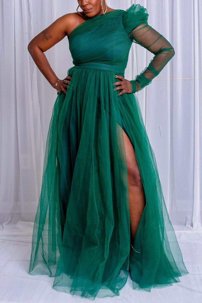 Plus Size Single Sleeve Elegant Party Wedding Guests Bridesmaid Tulle Maxi Dress