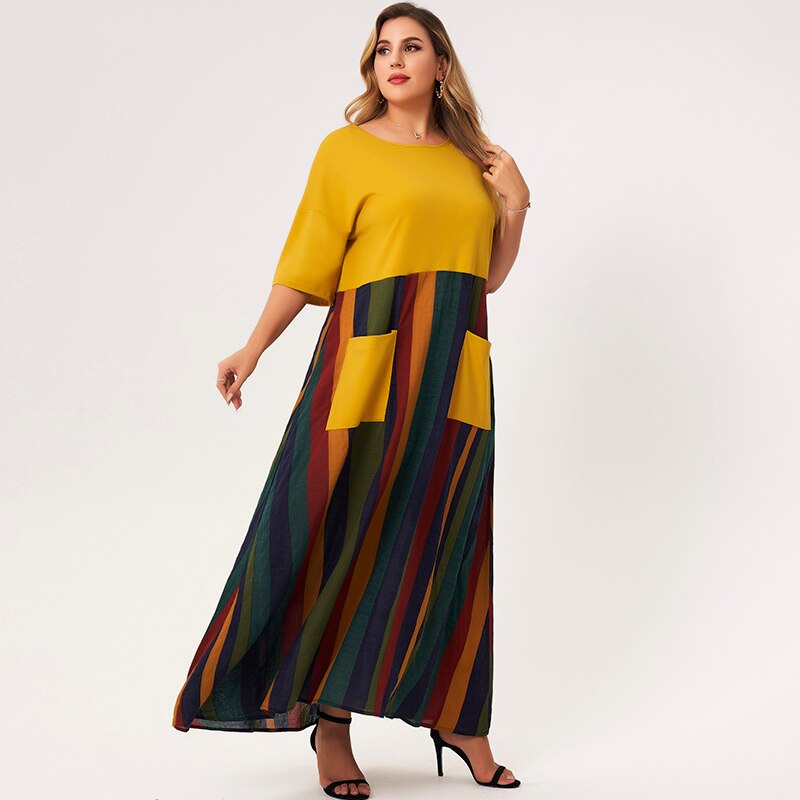 Plus Size Dresses Woman Summer 2021 Yellow Boho O-neck Half Sleeve A-line Pockets Patchwork Contrast Striped Casual Maxi Dress
