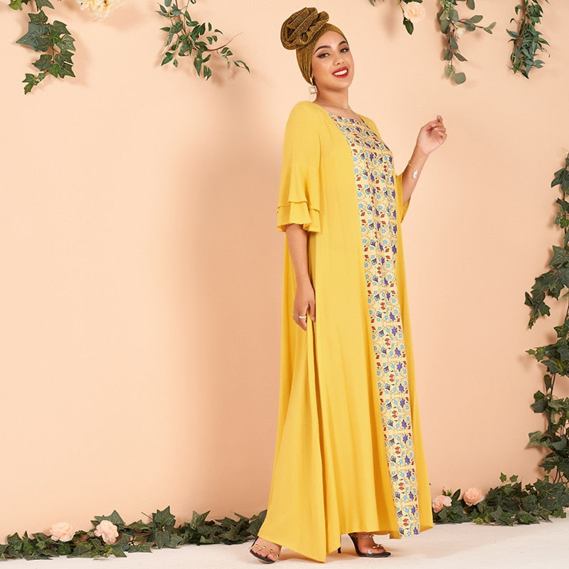 Plus Size Summer Women Dresses New Fashion Elegant Arabian Half Ruffle Sleeve Floral Vine Print Yellow Loose Lady Maxi Dresses