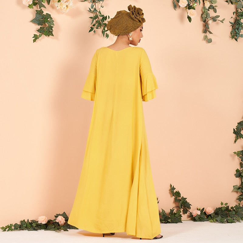 Plus Size Summer Women Dresses New Fashion Elegant Arabian Half Ruffle Sleeve Floral Vine Print Yellow Loose Lady Maxi Dresses