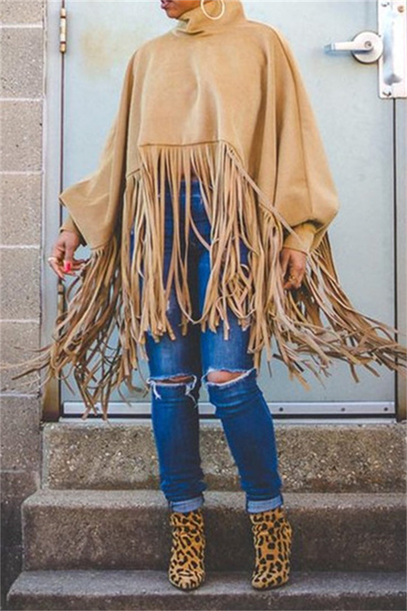 Plus Size Fashion Street Casual Suede Leather Fringe Brown Solid Shawl Coat