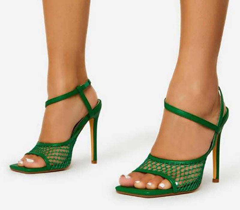 Ankle Strap Square Toe Mesh Heeled Sandals
