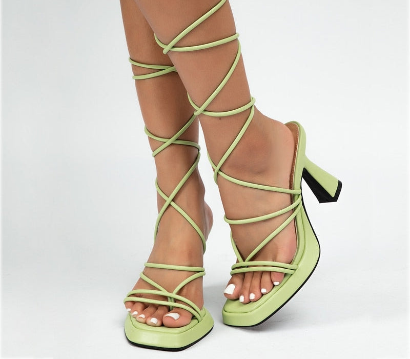 Lace-Up Strappy Square Toe Platform Heels