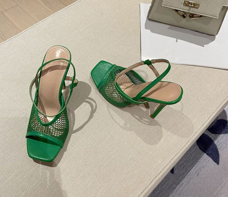 Ankle Strap Square Toe Mesh Heeled Sandals