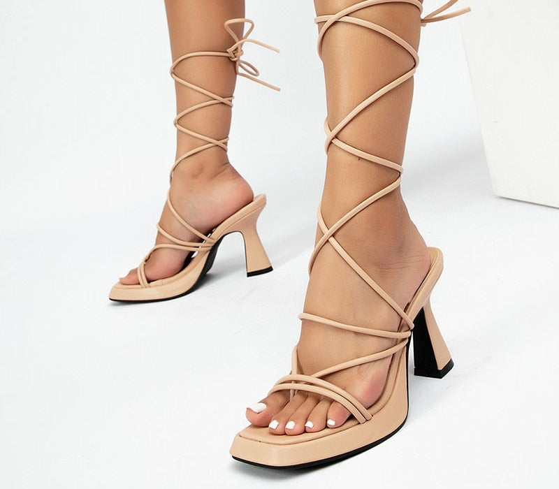 Lace-Up Strappy Square Toe Platform Heels