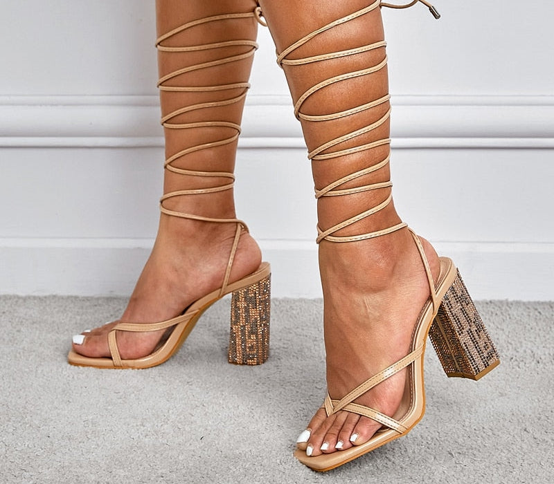 Lace-Up Strappy Square Toe Chunky Heels