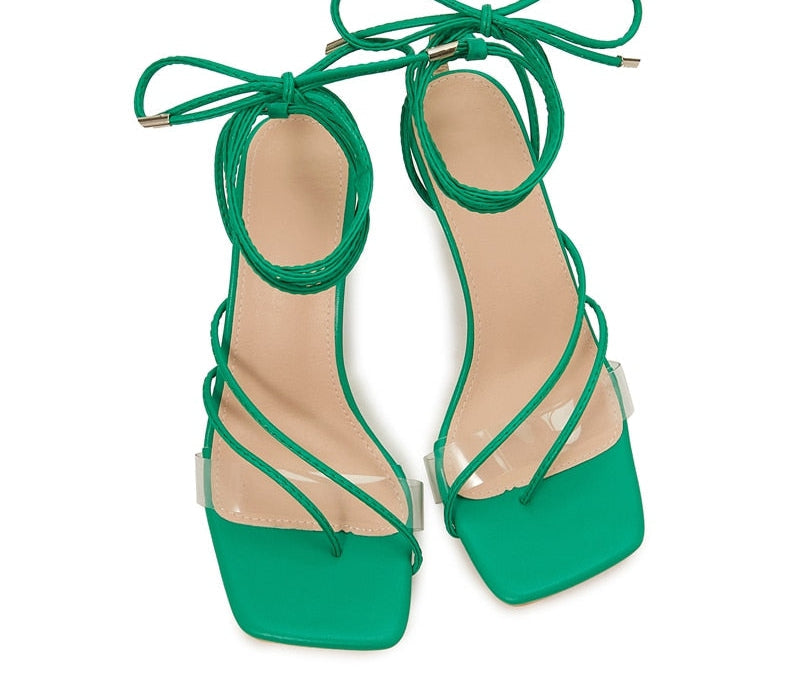 Lace-Up Strappy Square Toe Mid Heeled Sandals